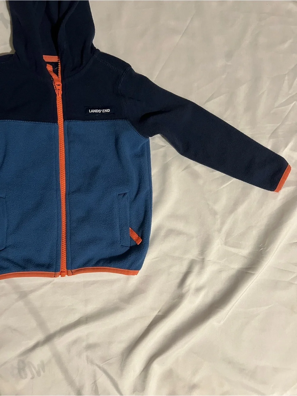 Lands' End Kids Navy and Blue Hooded Fleece Zip Jacket with Orange Trim Size 3T